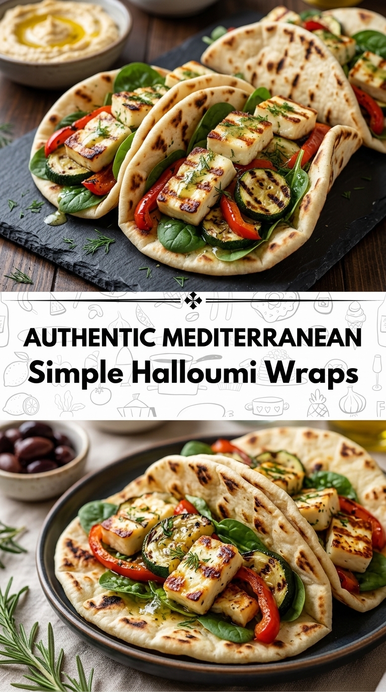 Three halloumi wraps filled with grilled cheese, zucchini, red peppers, and spinach on a slate platter.