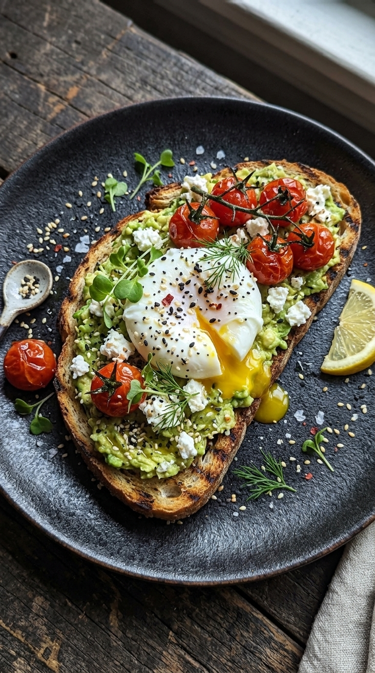 A slice of toasted bread topped with creamy avocado, a perfectly poached egg, cherry tomatoes, feta, and fresh herbs.