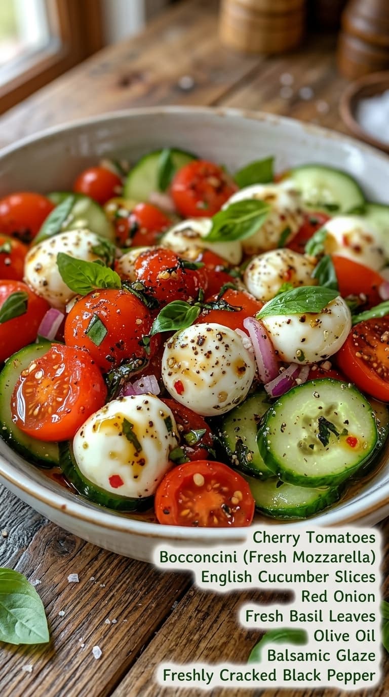 A bowl of caprese salad with cherry tomatoes, mozzarella balls, cucumber slices, red onion, and fresh basil leaves.