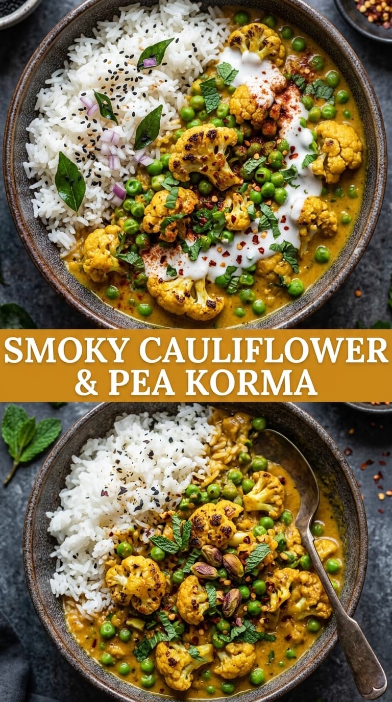 A bowl of smoky cauliflower and pea korma with rice, garnished with mint and spices.
