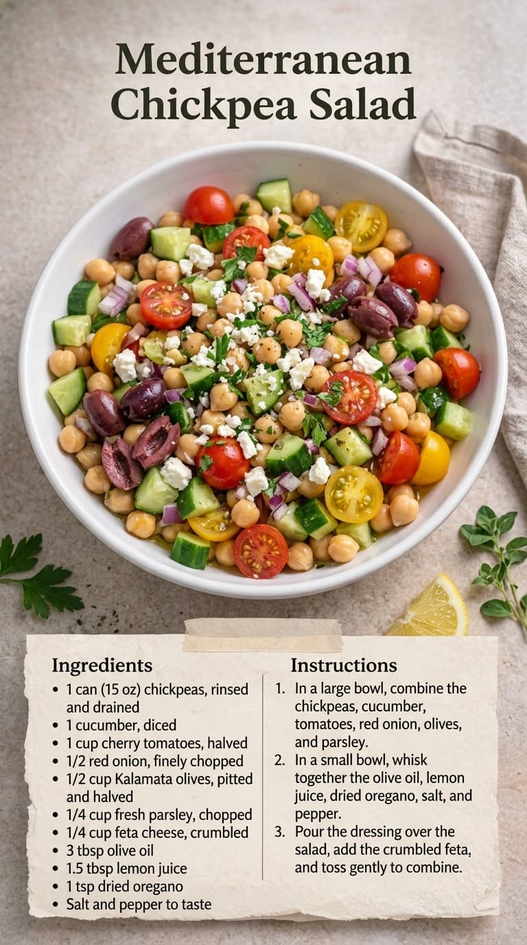 A white bowl filled with a colorful Mediterranean chickpea salad containing chickpeas, cherry tomatoes, cucumbers, olives, red onions, and feta cheese, garnished with fresh herbs.