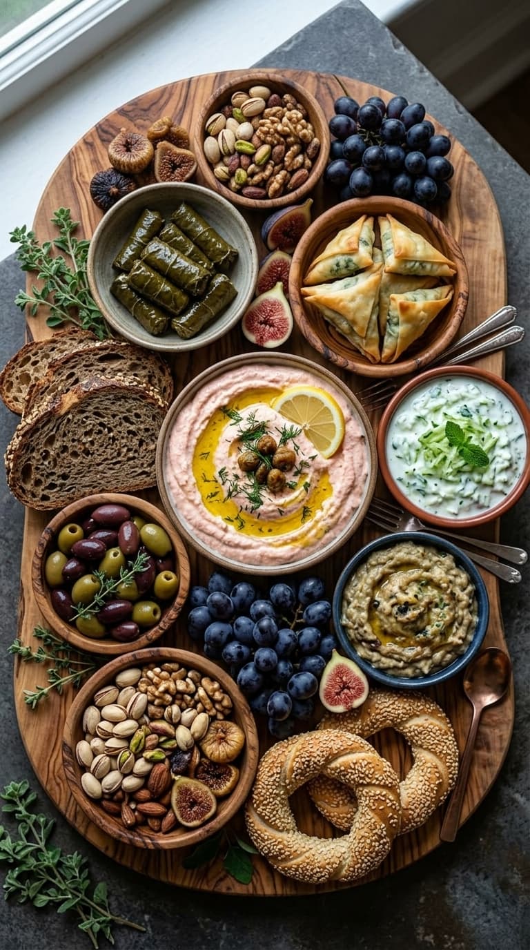 A wooden platter filled with various Mediterranean foods including hummus, tzatziki, olives, nuts, grapes, figs, and pastries.