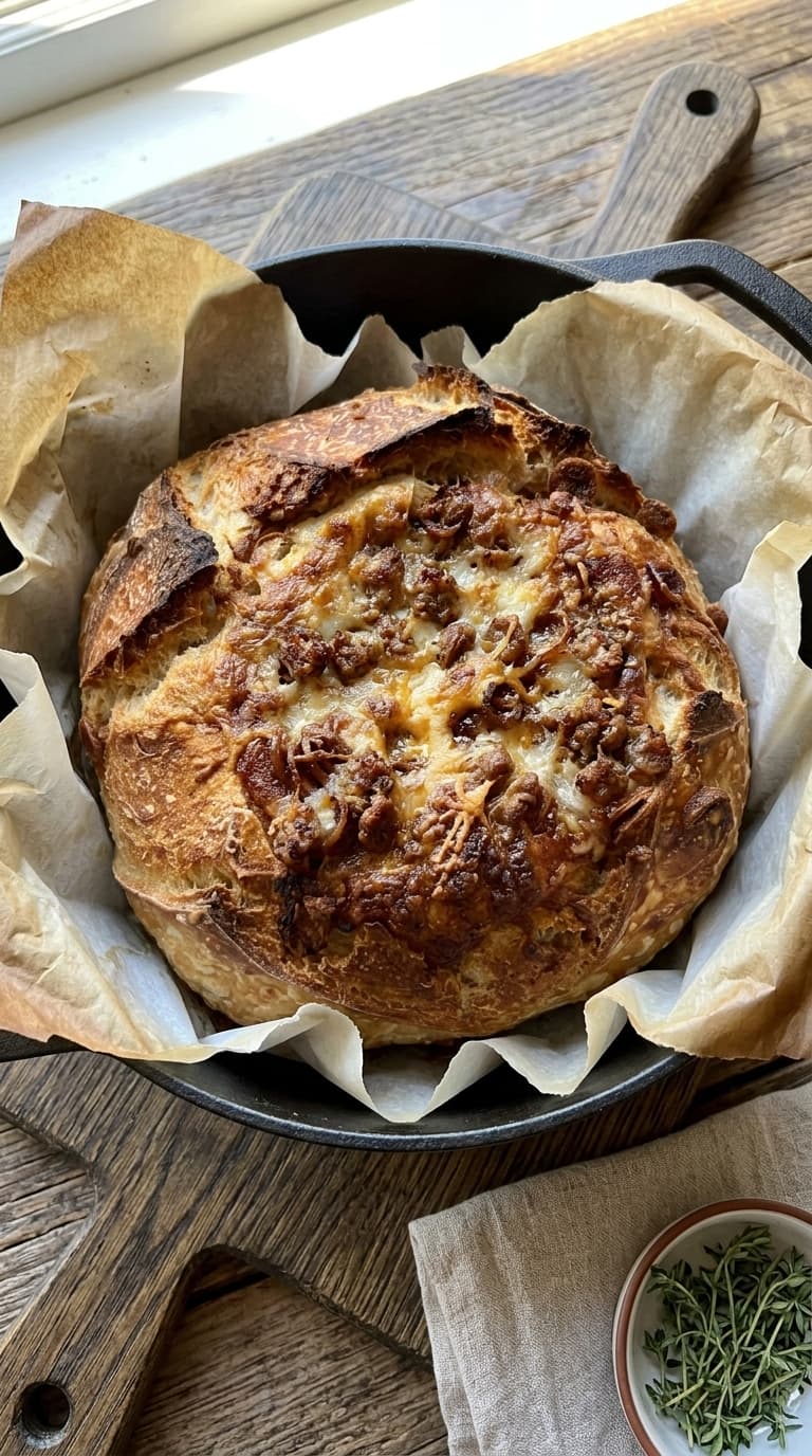 A golden-brown round loaf of sourdough bread with melted cheese and sausage crumbles on top, sitting in a black cast iron skillet lined with parchment paper.