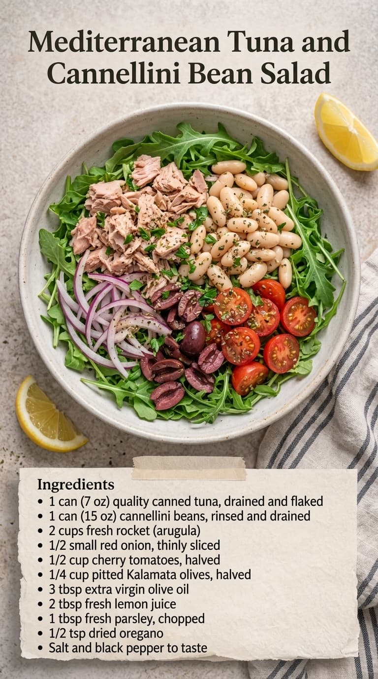 A bowl of Mediterranean Tuna and Cannellini Bean Salad with arugula, tuna, cannellini beans, red onion, olives, cherry tomatoes, and lemon wedges.