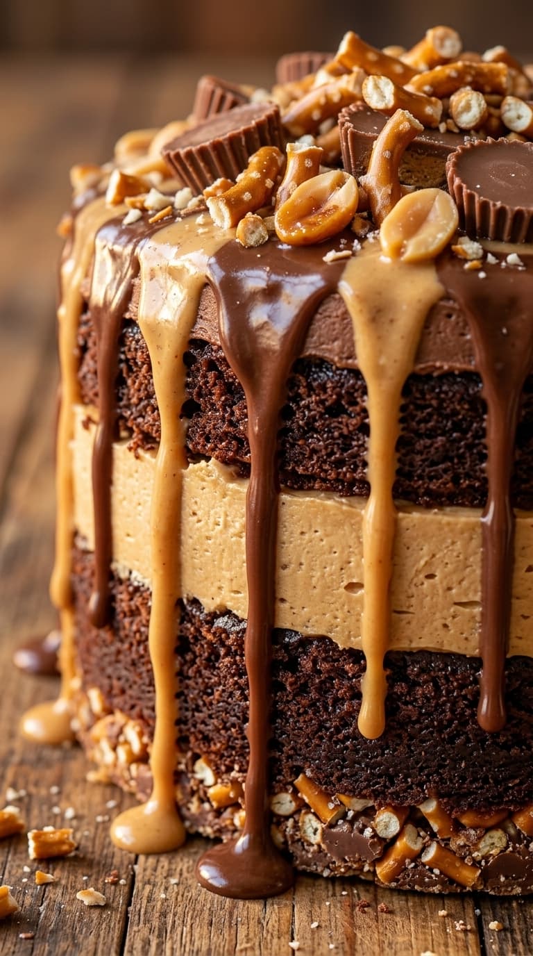 A close-up of a layered chocolate cake with peanut butter filling and chocolate ganache, topped with peanut butter cups and pretzels.