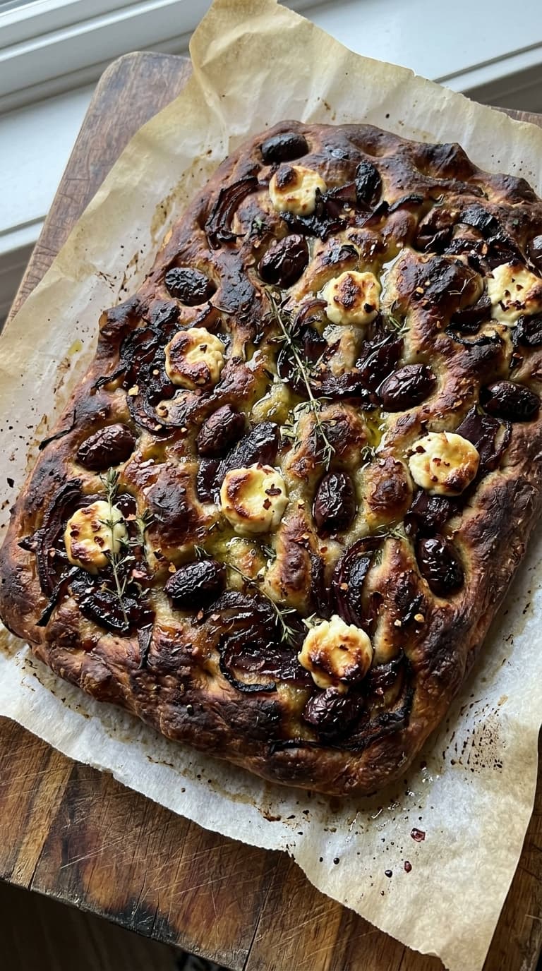 A rectangular focaccia bread with dark roasted tomatoes, olives, and dollops of cheese on parchment paper.