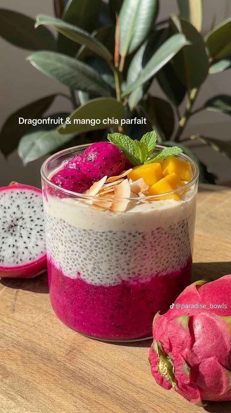 A glass parfait with layers of pink dragonfruit puree, white chia pudding, and topped with mango, dragonfruit, coconut flakes, and mint.