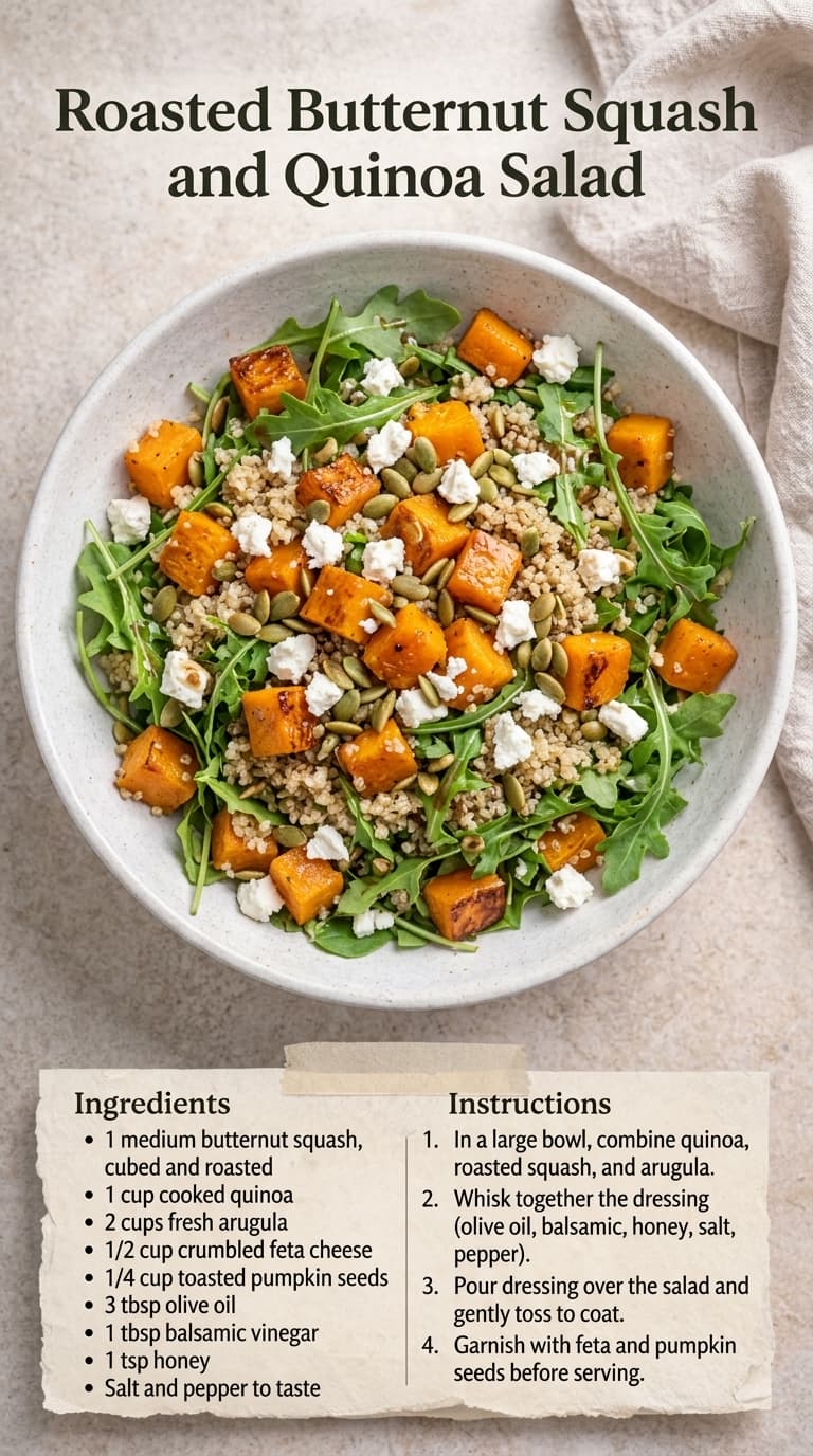 A bowl of roasted butternut squash and quinoa salad with arugula, feta cheese, and pumpkin seeds.