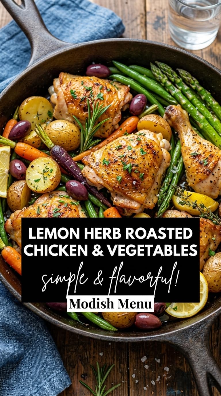 Lemon herb roasted chicken and vegetables in a cast iron skillet with asparagus, potatoes, carrots, and olives.