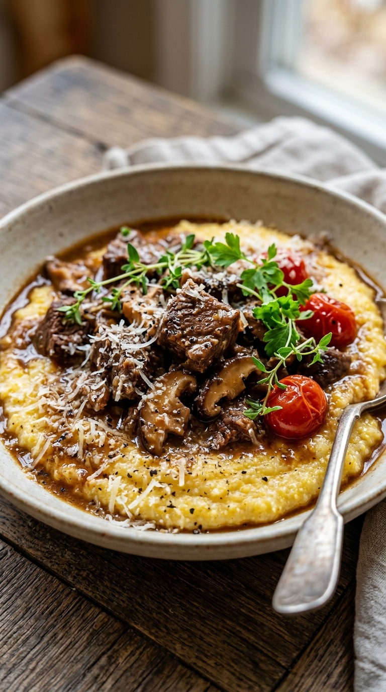A bowl of creamy polenta topped with beef bourguignon, roasted cherry tomatoes, mushrooms, and fresh herbs.