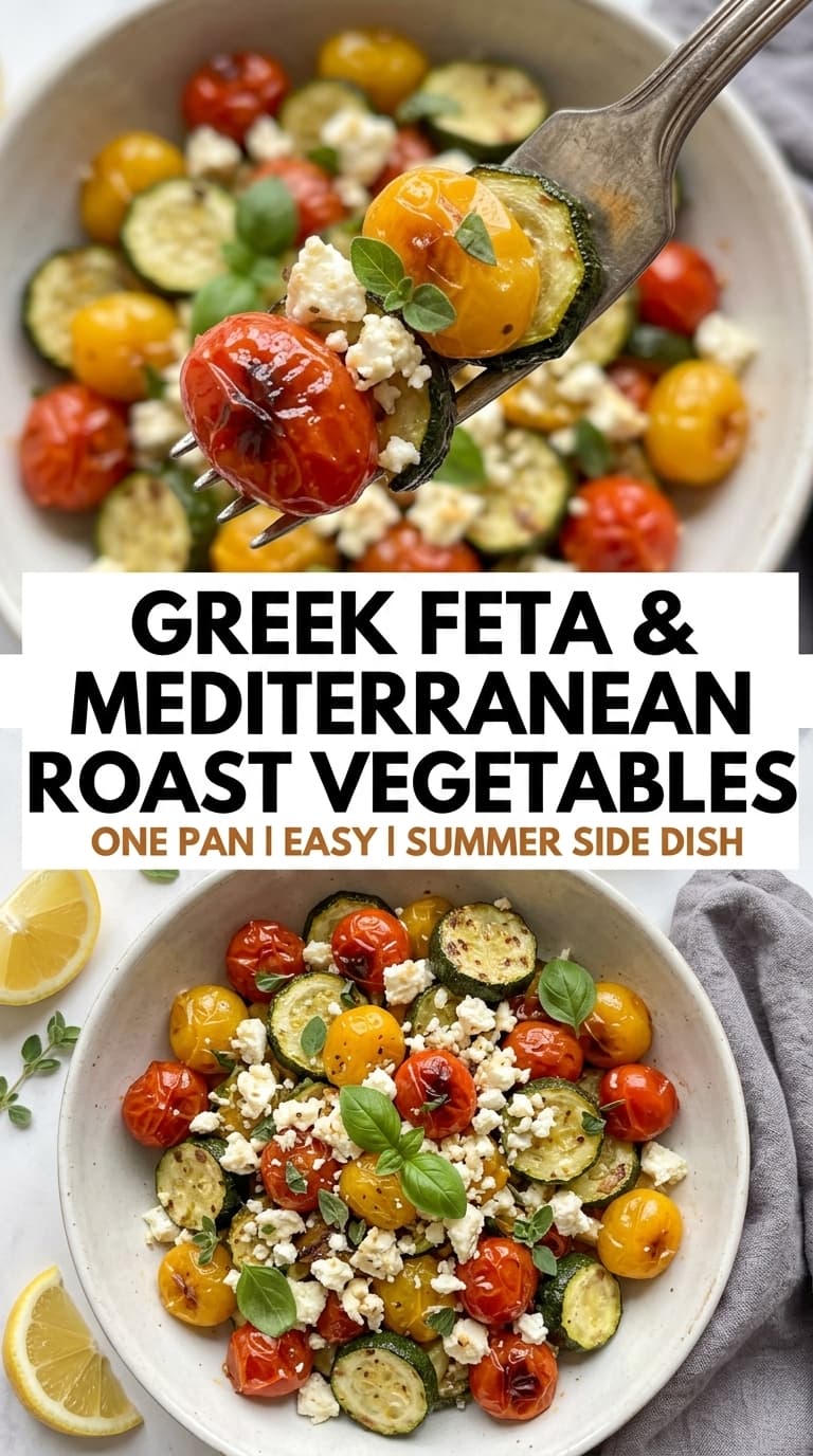 A bowl of roasted vegetables with zucchini, cherry tomatoes, feta cheese, and fresh basil leaves.