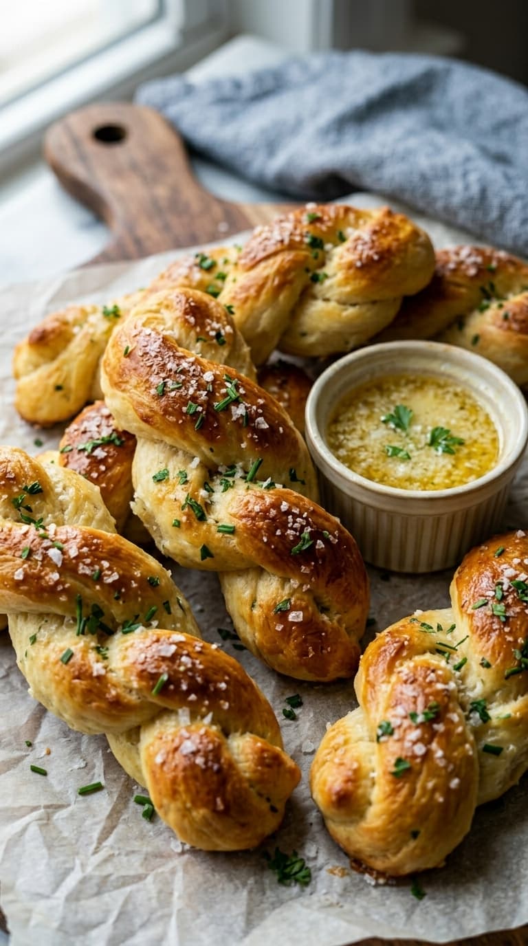Garlic knots with herbs and salt, served with a small bowl of melted butter
