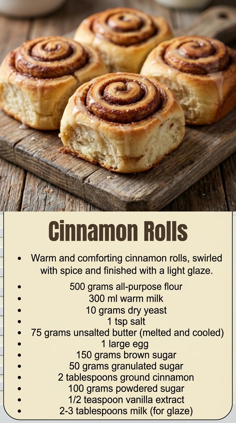 Four golden-brown cinnamon rolls with a light glaze on a wooden cutting board.