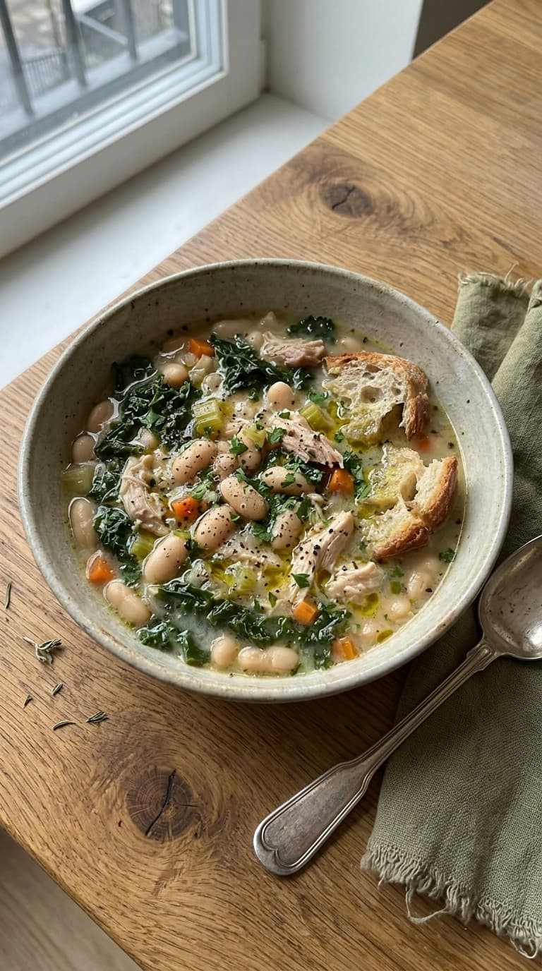 A bowl of white bean chicken soup with kale, carrots, and crusty bread on a wooden table.