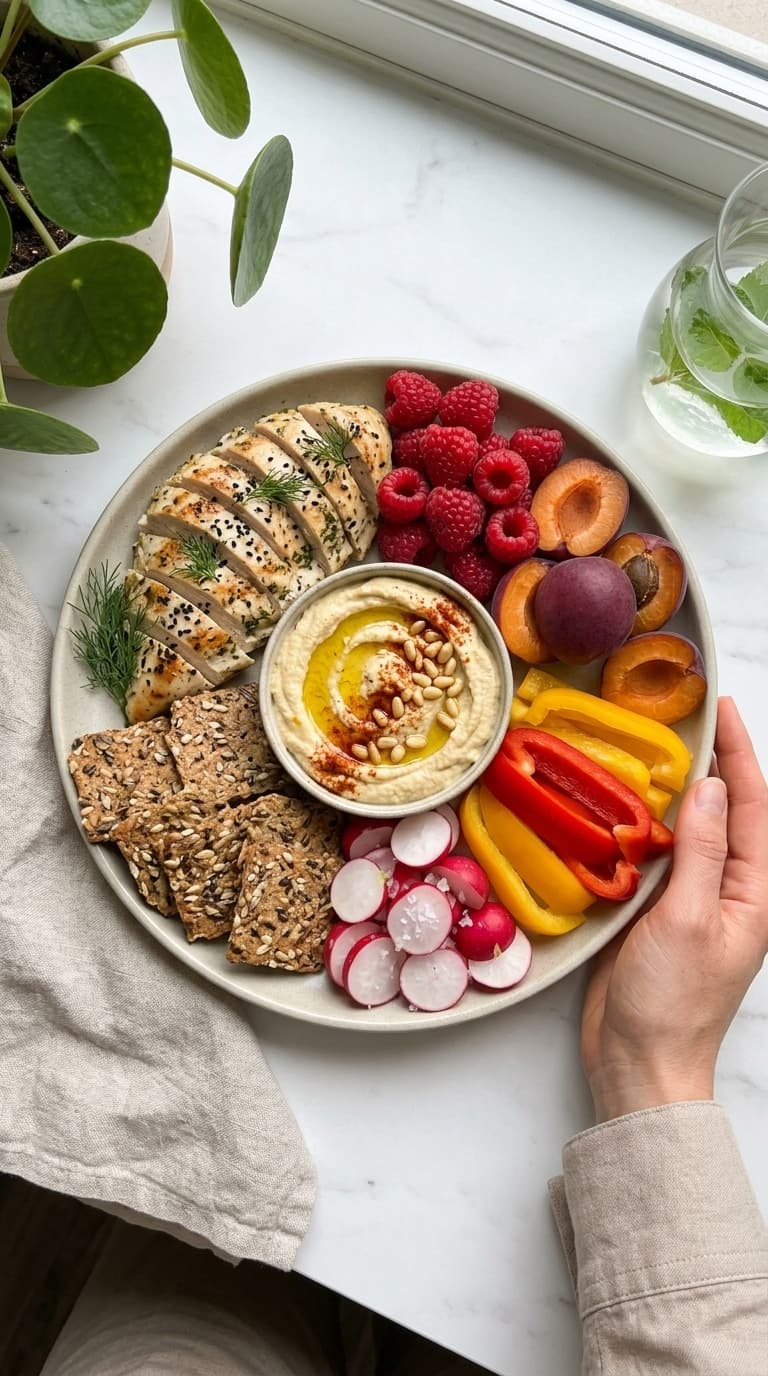 A round platter with sliced grilled chicken, hummus, crackers, radishes, peppers, plums, and raspberries.