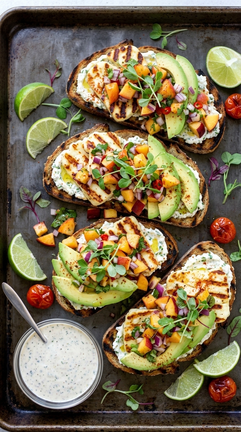 Grilled halloumi slices with peach and avocado salad on toasted bread, garnished with microgreens and lime wedges on a baking tray.