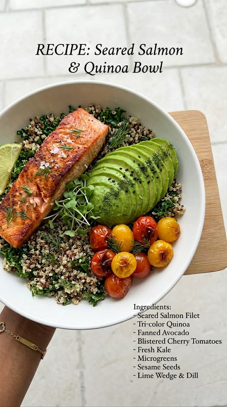 A white bowl filled with seared salmon, quinoa, avocado, cherry tomatoes, and kale.
