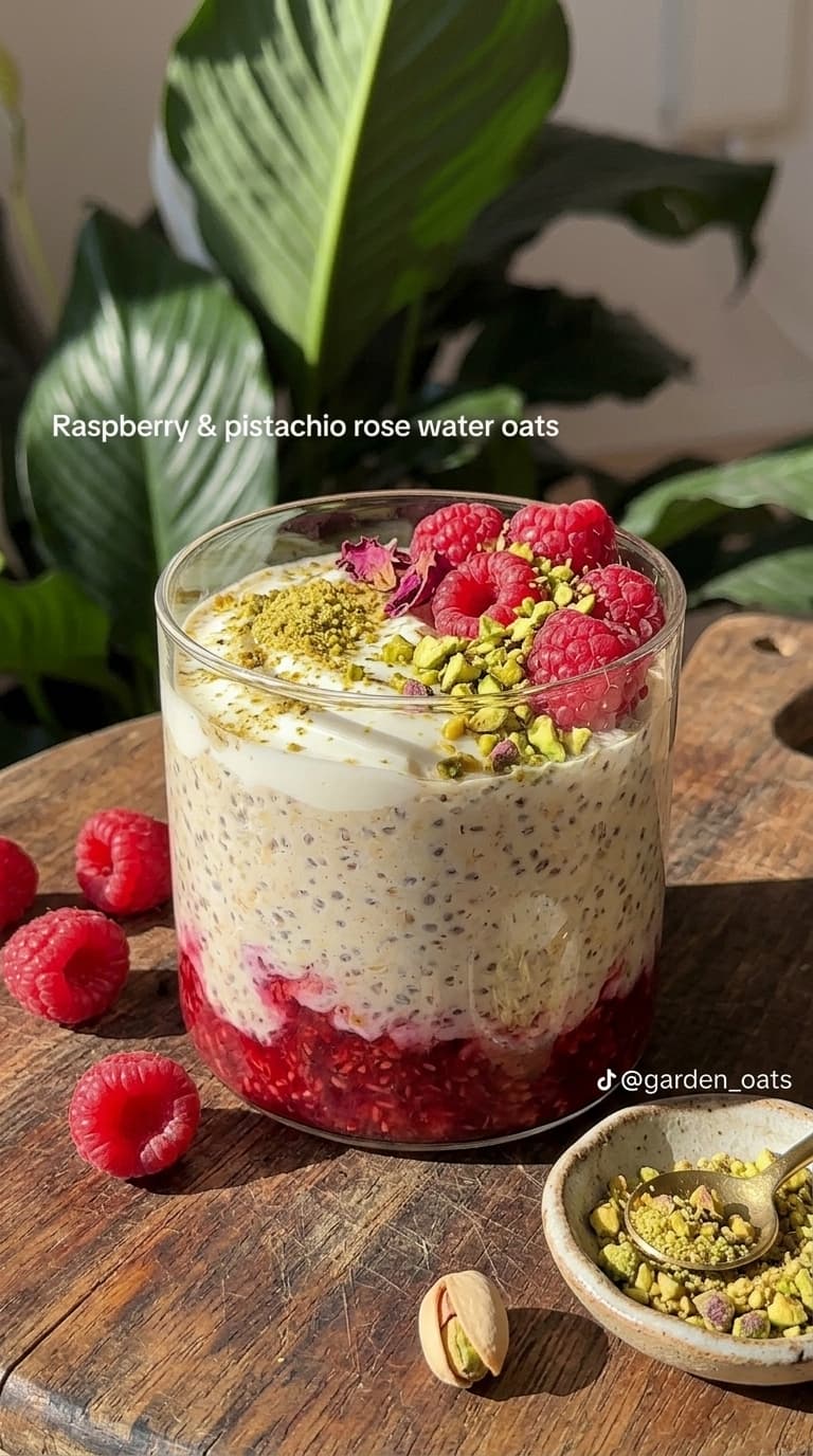 A glass jar filled with layered oats, raspberry compote, and pistachio cream, topped with fresh raspberries and chopped pistachios.
