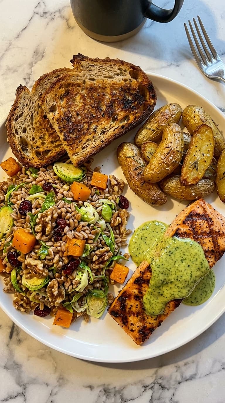 A white plate with grilled salmon topped with green sauce, a wheat berry salad with squash and Brussels sprouts, roasted potatoes, and toasted bread on a marble surface.