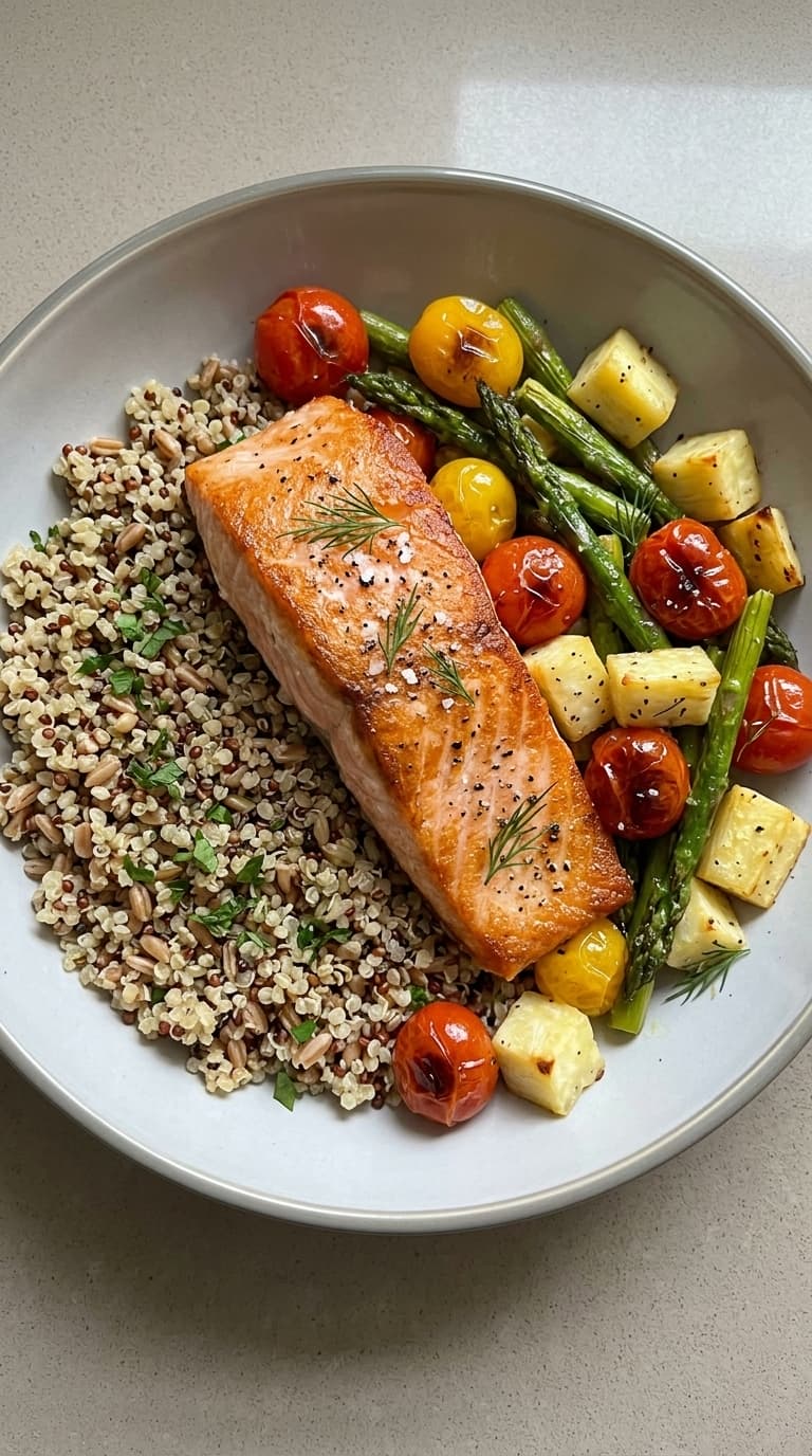A close-up of a white bowl containing a grilled salmon fillet, tri-color quinoa, roasted asparagus, cherry tomatoes, and pineapple chunks, garnished with fresh dill.