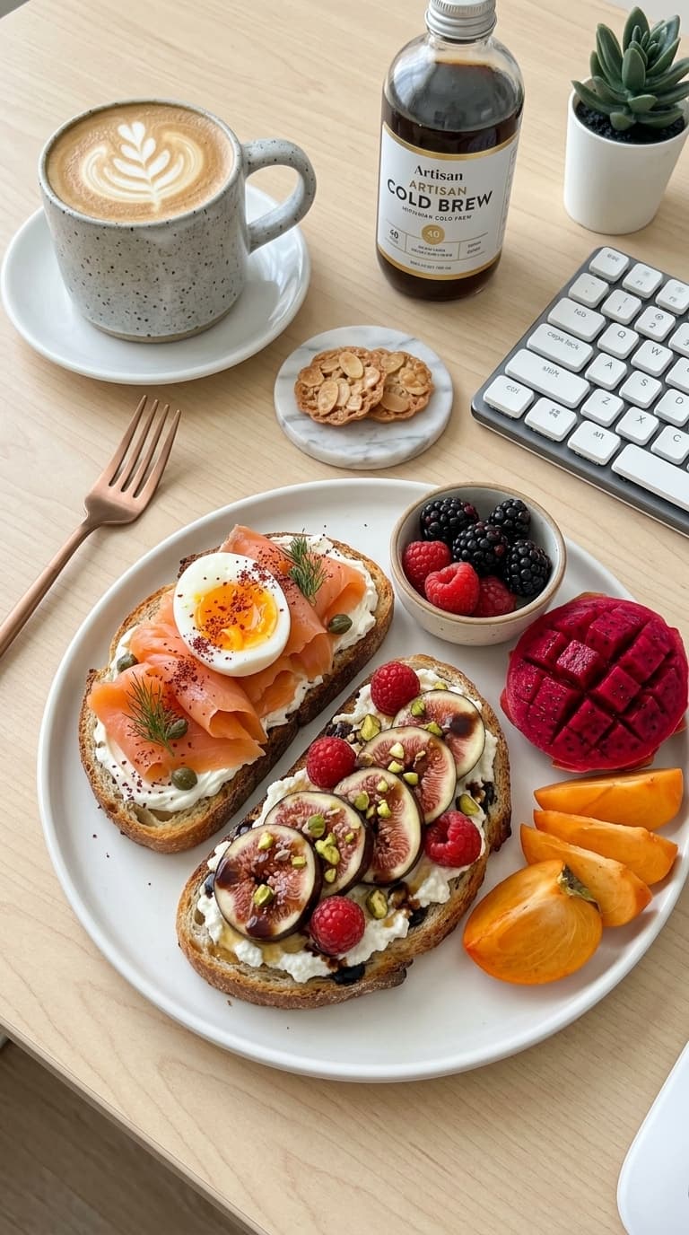 Two slices of toasted bread topped with whipped ricotta, smoked salmon, and figs, accompanied by a bowl of mixed berries and a sliced dragon fruit.