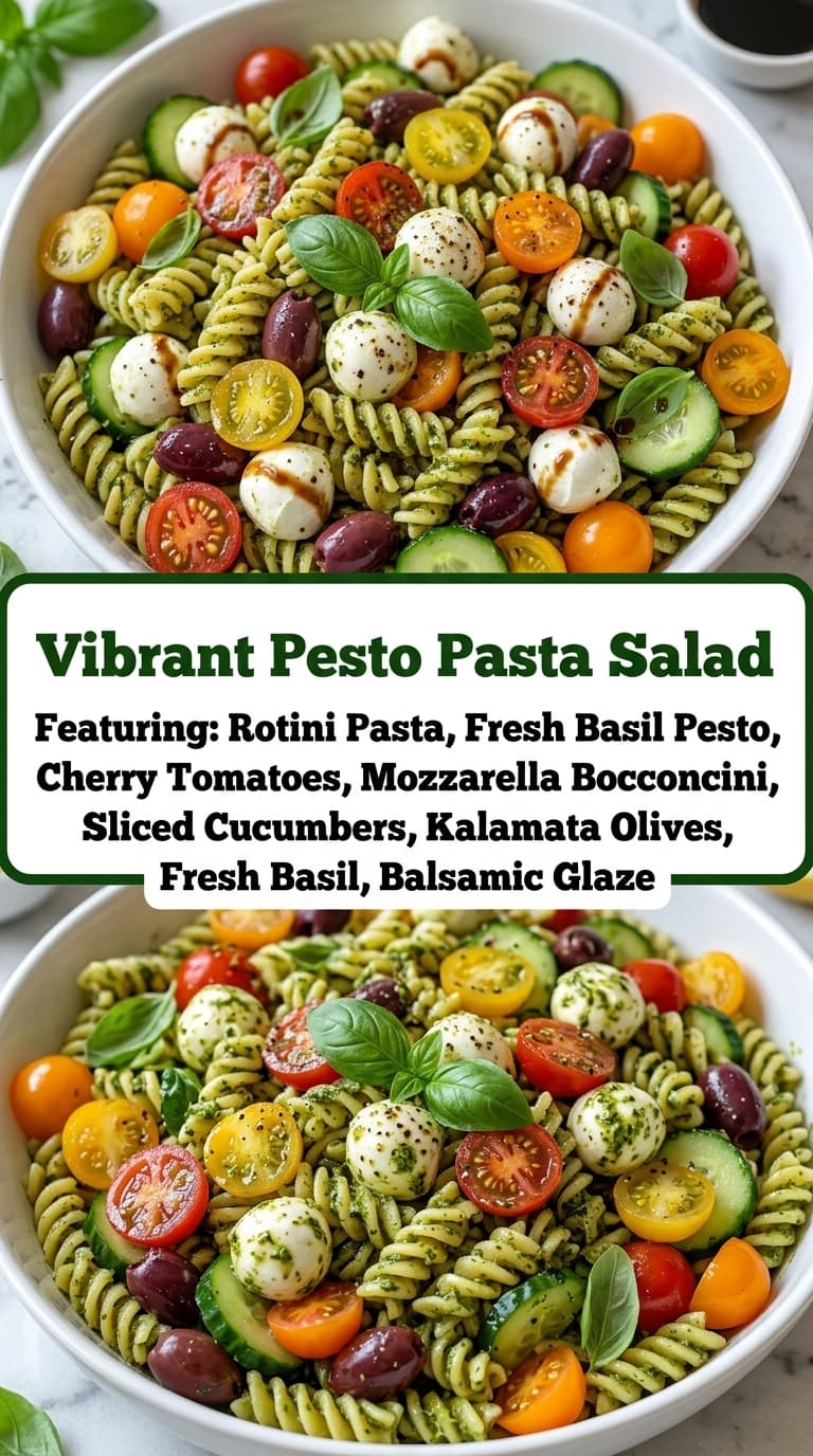 A white bowl filled with green pesto-coated rotini pasta, cherry tomatoes, mozzarella balls, cucumber slices, and kalamata olives, garnished with fresh basil leaves.