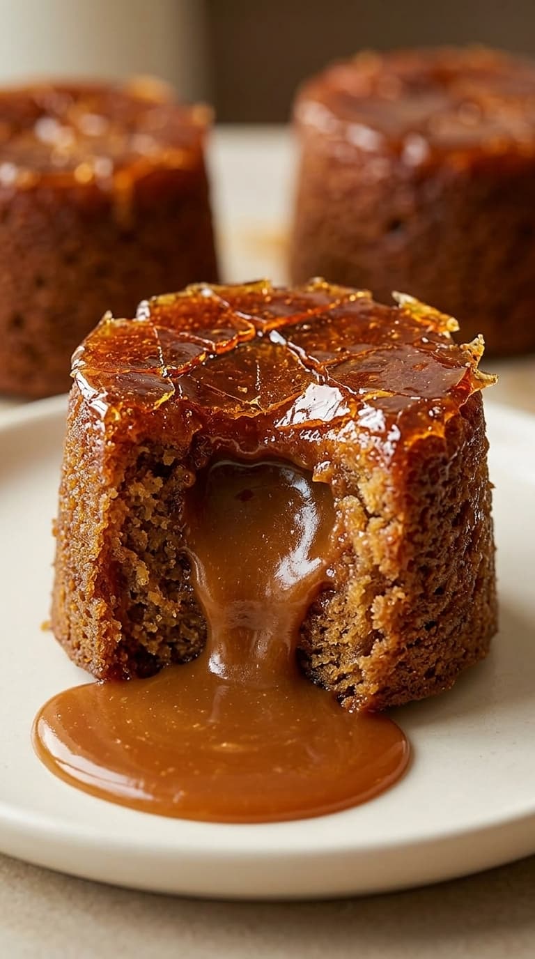 Individual cakes with a molten caramel center and a cracked sugar crust, served with a pool of molten caramel.