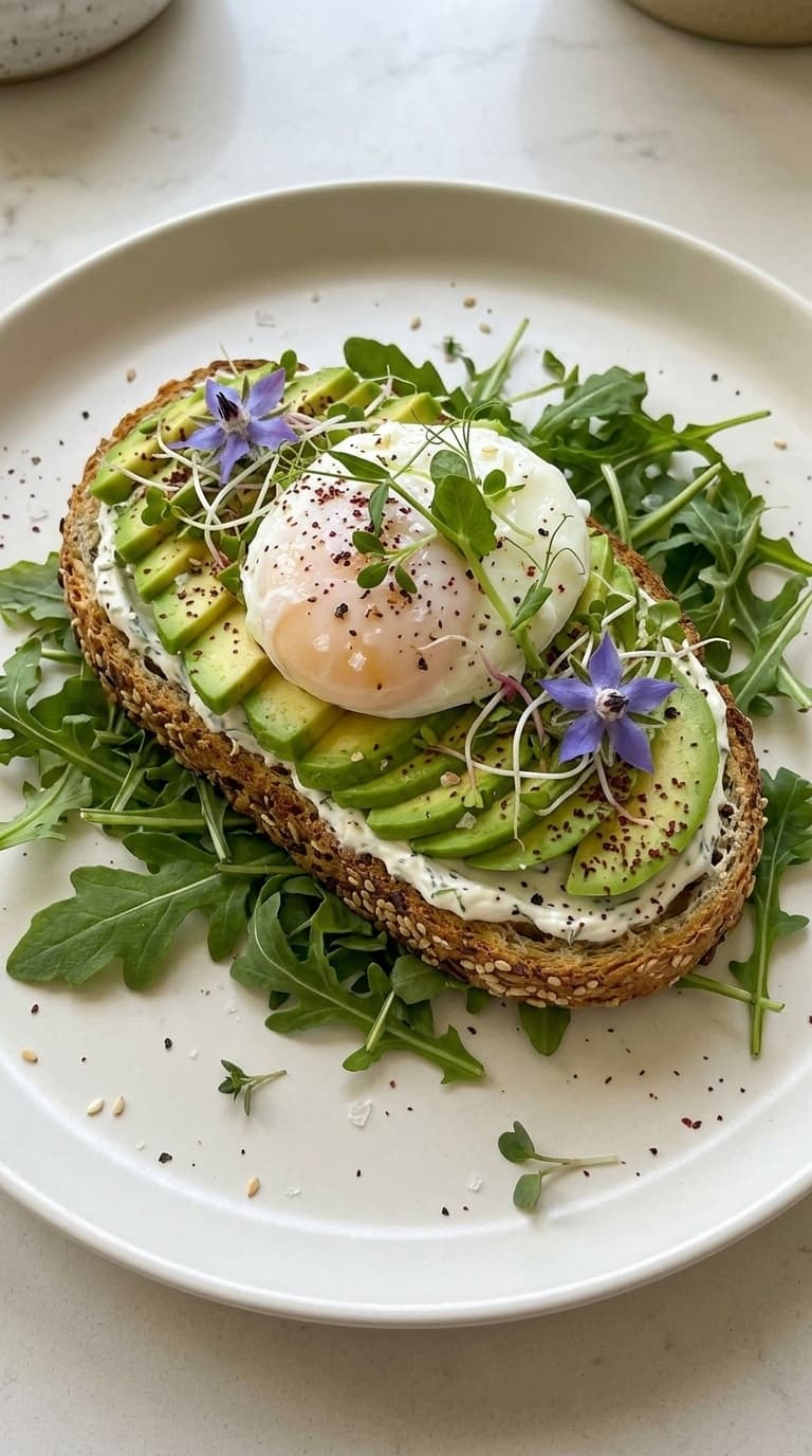 A slice of seeded toast topped with cream cheese, sliced avocado, a poached egg, microgreens, and purple borage flowers, served on a bed of arugula on a white plate.