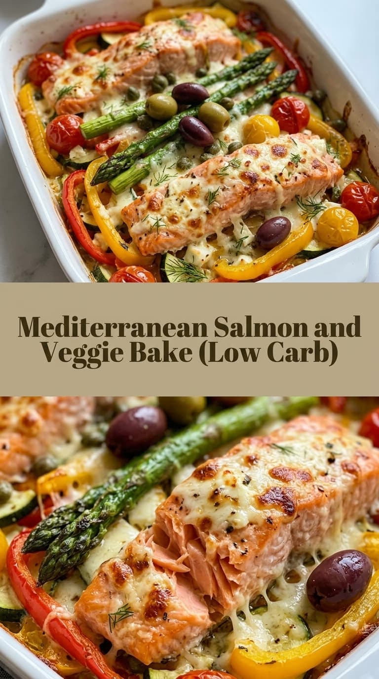 A white baking dish filled with two salmon fillets topped with melted cheese, surrounded by asparagus, red and yellow bell peppers, cherry tomatoes, olives, and capers.