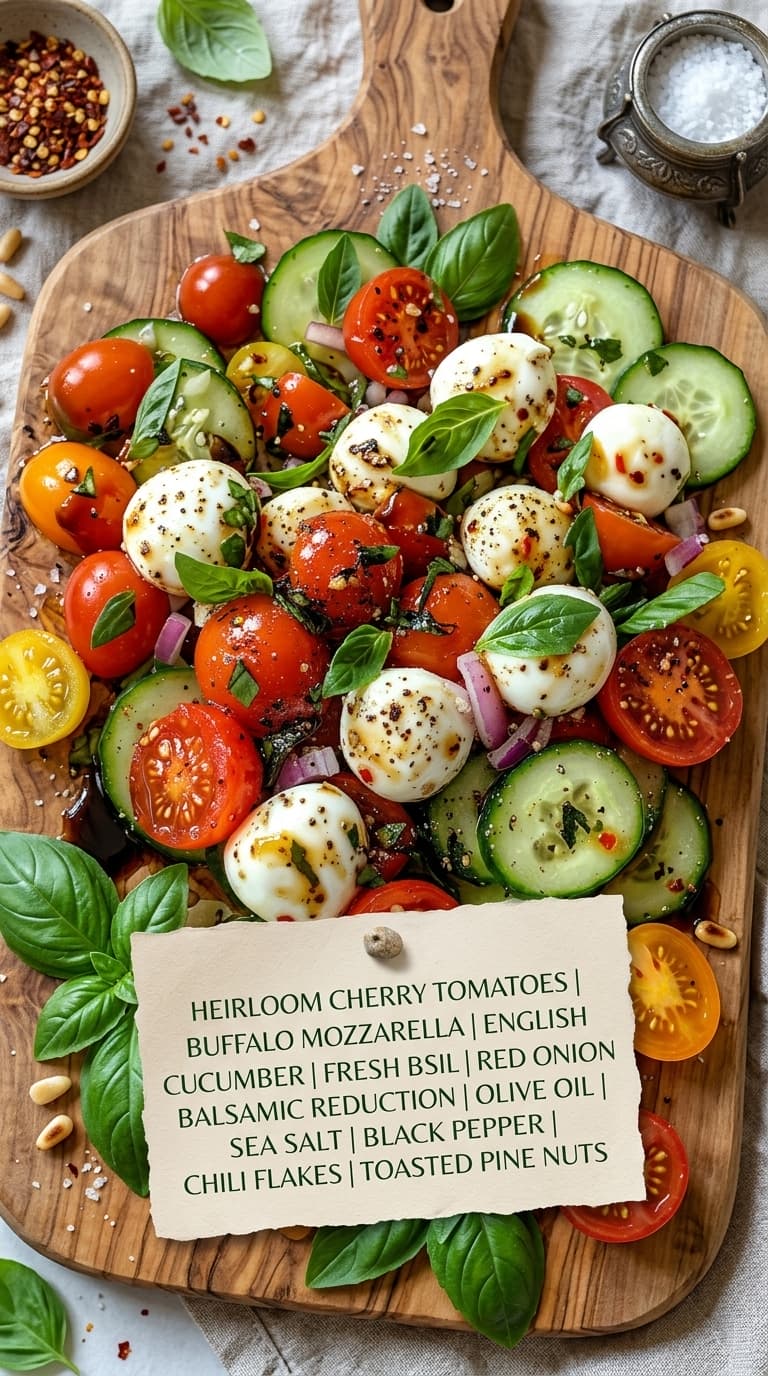 A colorful salad with heirloom cherry tomatoes, buffalo mozzarella, cucumber, and fresh basil on a wooden board.