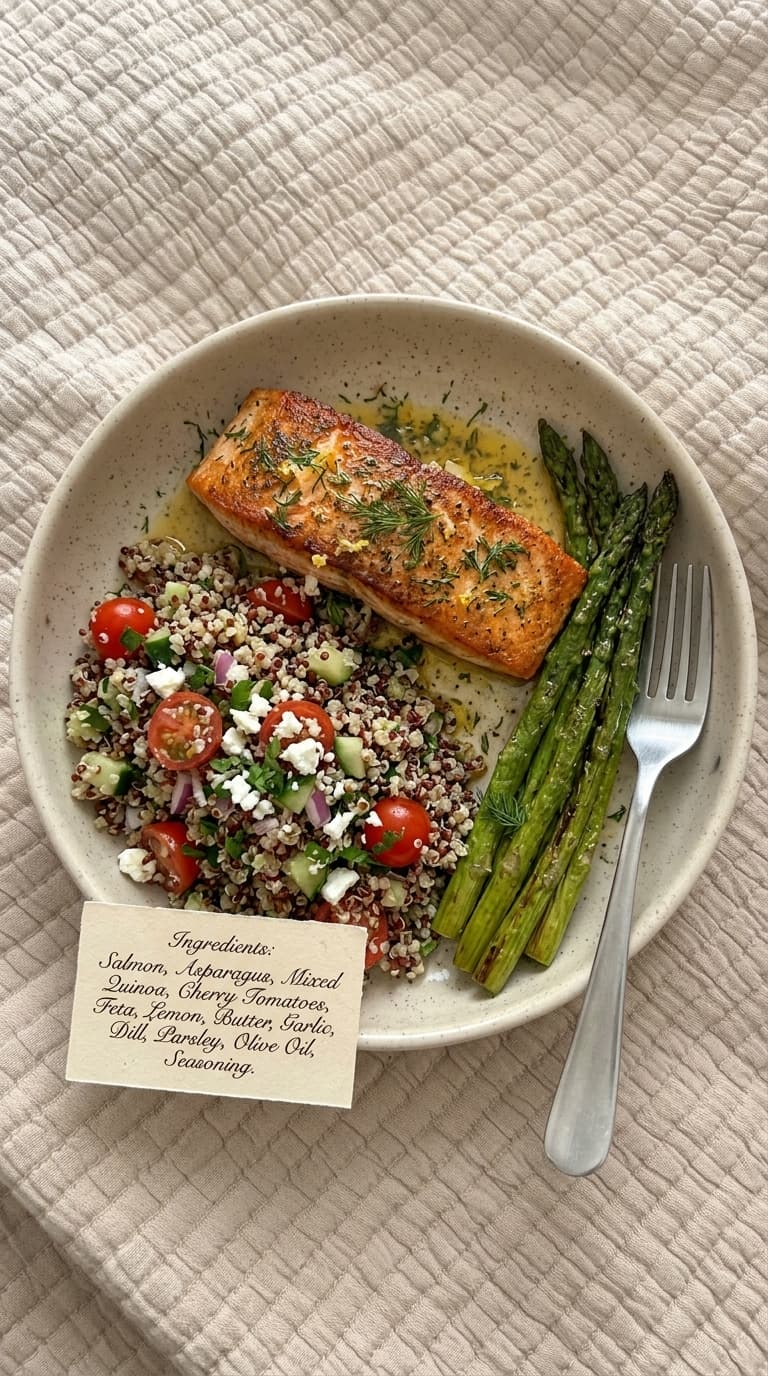 A plate of grilled salmon, quinoa salad with cherry tomatoes and asparagus.