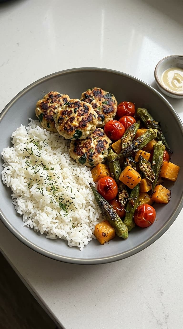 A bowl of grilled chicken meatballs, white rice, and roasted vegetables including okra, tomatoes, and squash.