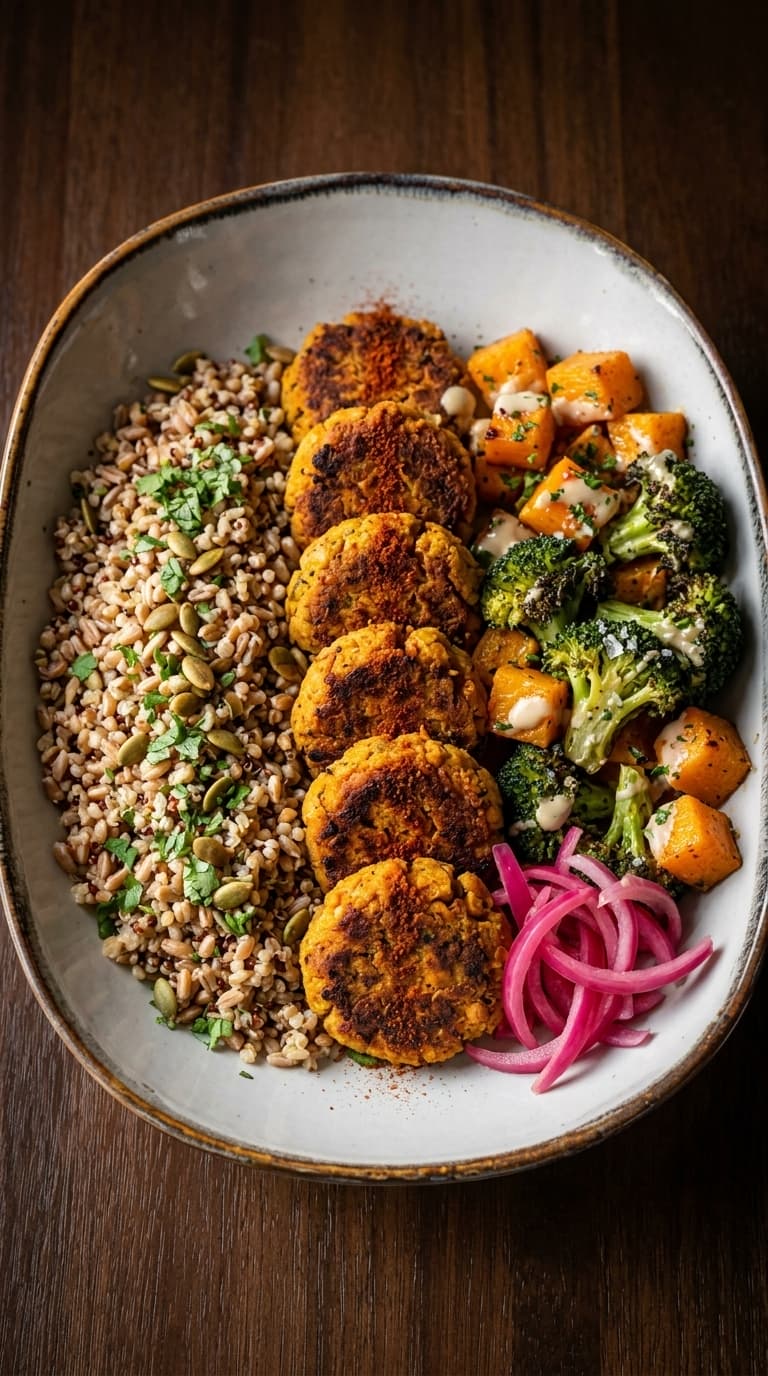A grain bowl featuring sweet potato patties, farro with pumpkin seeds, roasted broccoli, roasted sweet potato cubes, and pickled red onions.