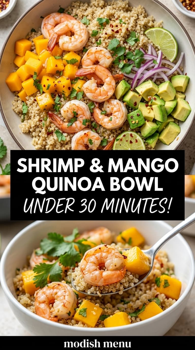 A bowl of quinoa with shrimp, mango, avocado, and red onion, garnished with cilantro and lime.