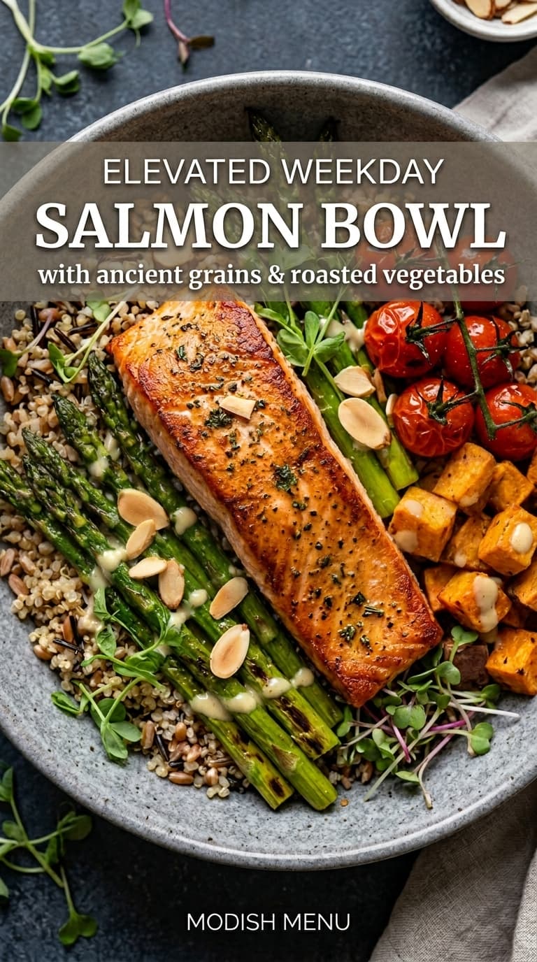 A vibrant salmon bowl with a seared salmon fillet, roasted sweet potatoes, cherry tomatoes, asparagus, and ancient grains, garnished with almonds and microgreens.
