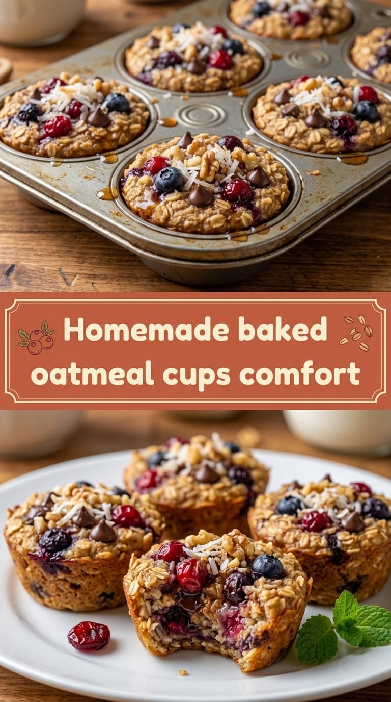 Baked oatmeal cups in a muffin tin and on a plate, topped with berries, chocolate chips, and coconut.