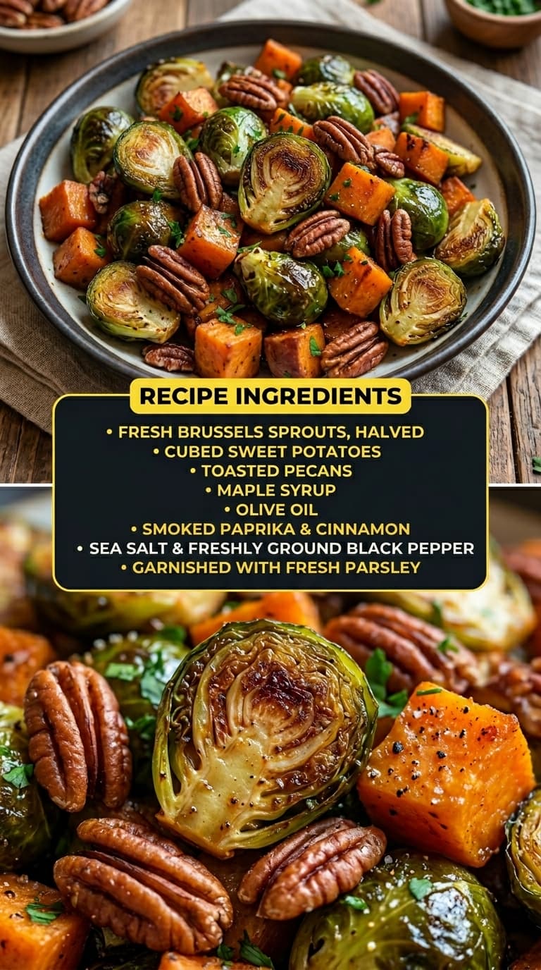 A bowl of roasted Brussels sprouts, sweet potatoes, and pecans, garnished with fresh parsley.