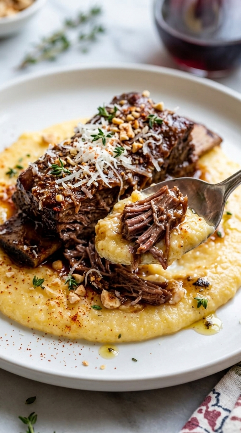 A close-up of a fork lifting shredded braised short rib from a bed of yellow polenta on a white plate.