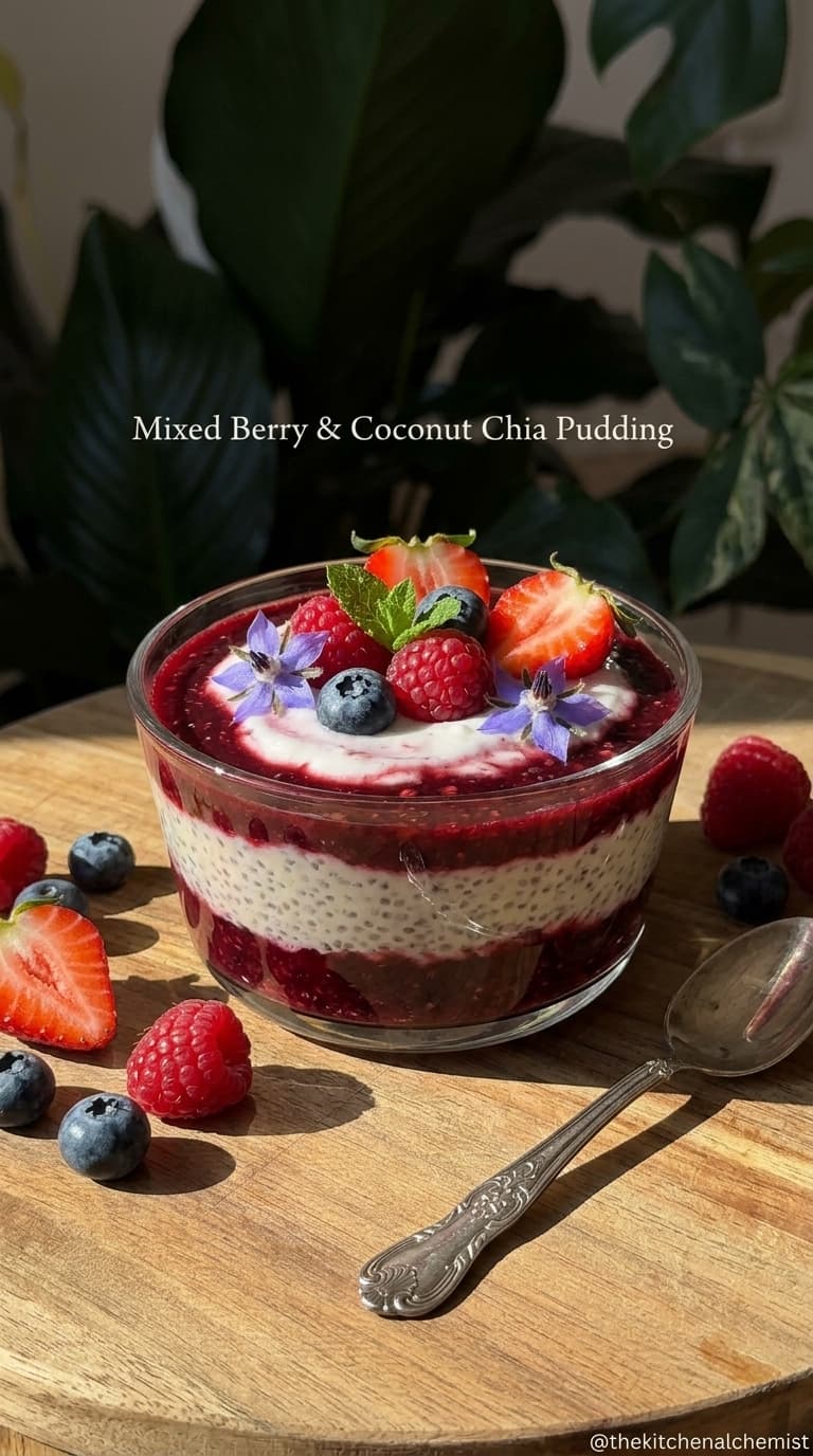 A glass bowl of mixed berry and coconut chia pudding with layers of white chia pudding and red berry compote, garnished with fresh berries, mint, and edible flowers on a wooden board.