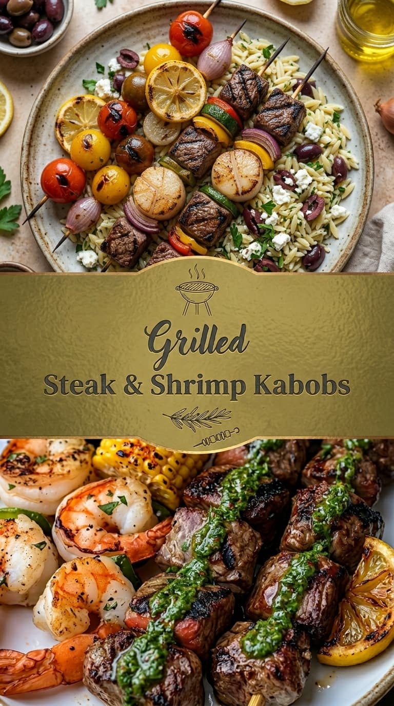Grilled steak and shrimp kabobs with orzo salad, cherry tomatoes, lemon, and feta cheese.