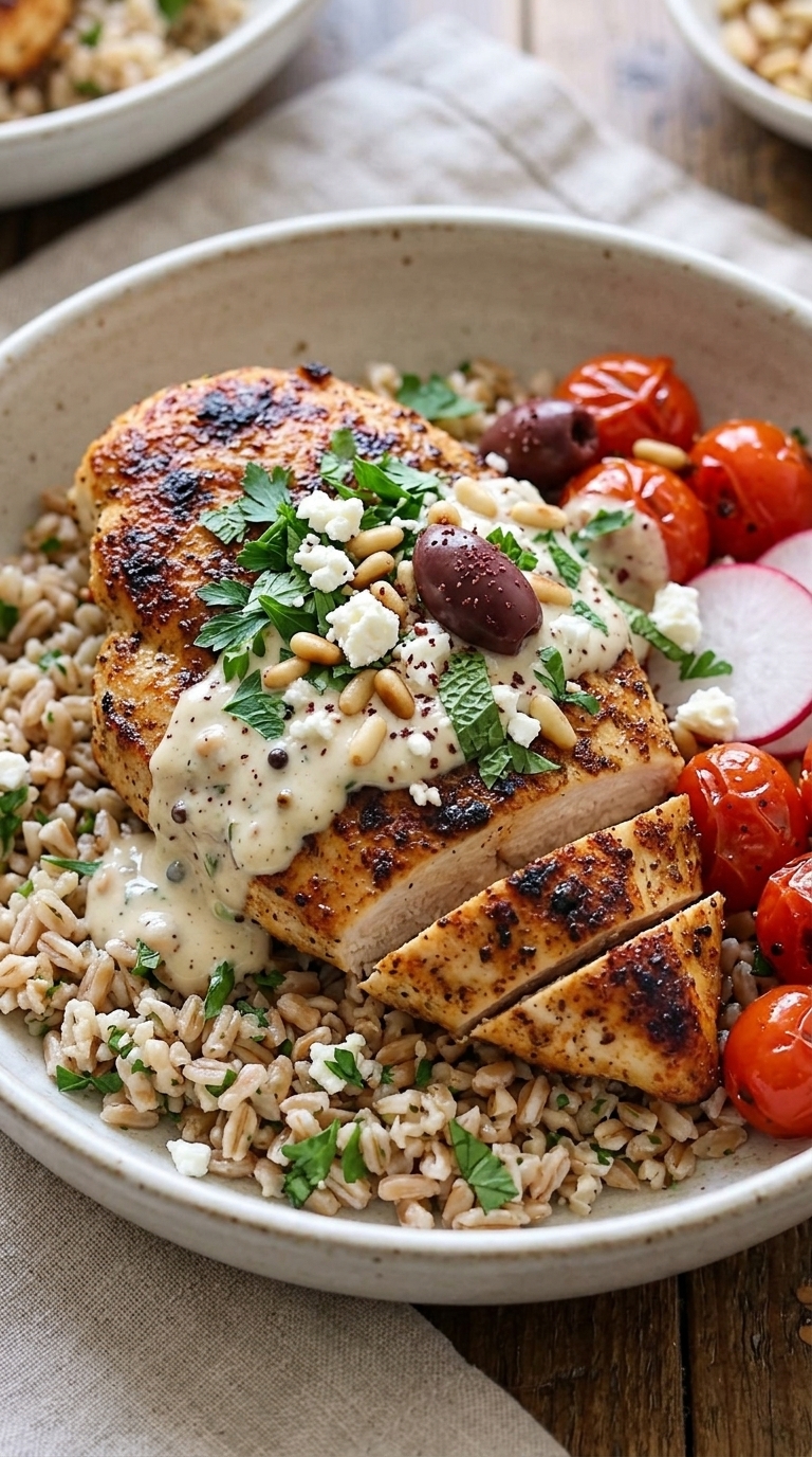 A close-up of a bowl with grilled chicken, bulgur, roasted tomatoes, radishes, olives, and feta cheese.