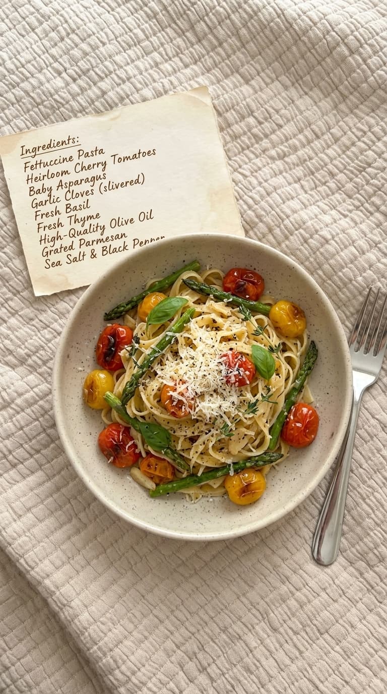 A bowl of fettuccine pasta with roasted cherry tomatoes, asparagus, and grated parmesan cheese, served on a textured beige cloth with a recipe card.