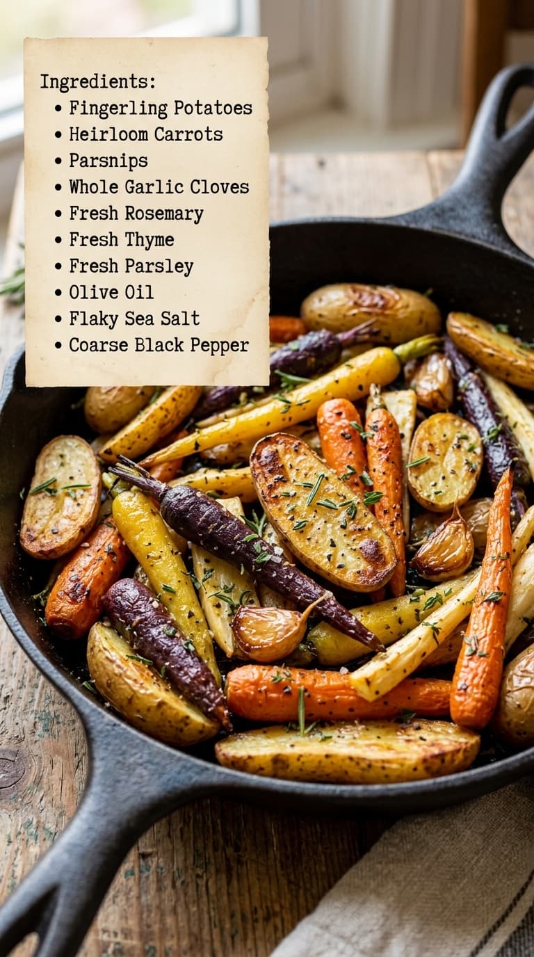 A cast iron skillet filled with roasted fingerling potatoes, heirloom carrots, and parsnips, garnished with fresh rosemary and thyme.
