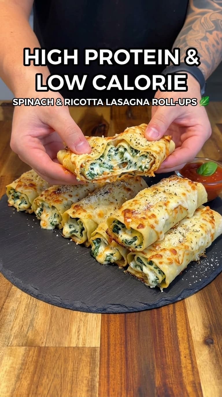 Spinach and ricotta lasagna roll-ups on a slate platter with fresh basil garnish and marinara sauce on the side