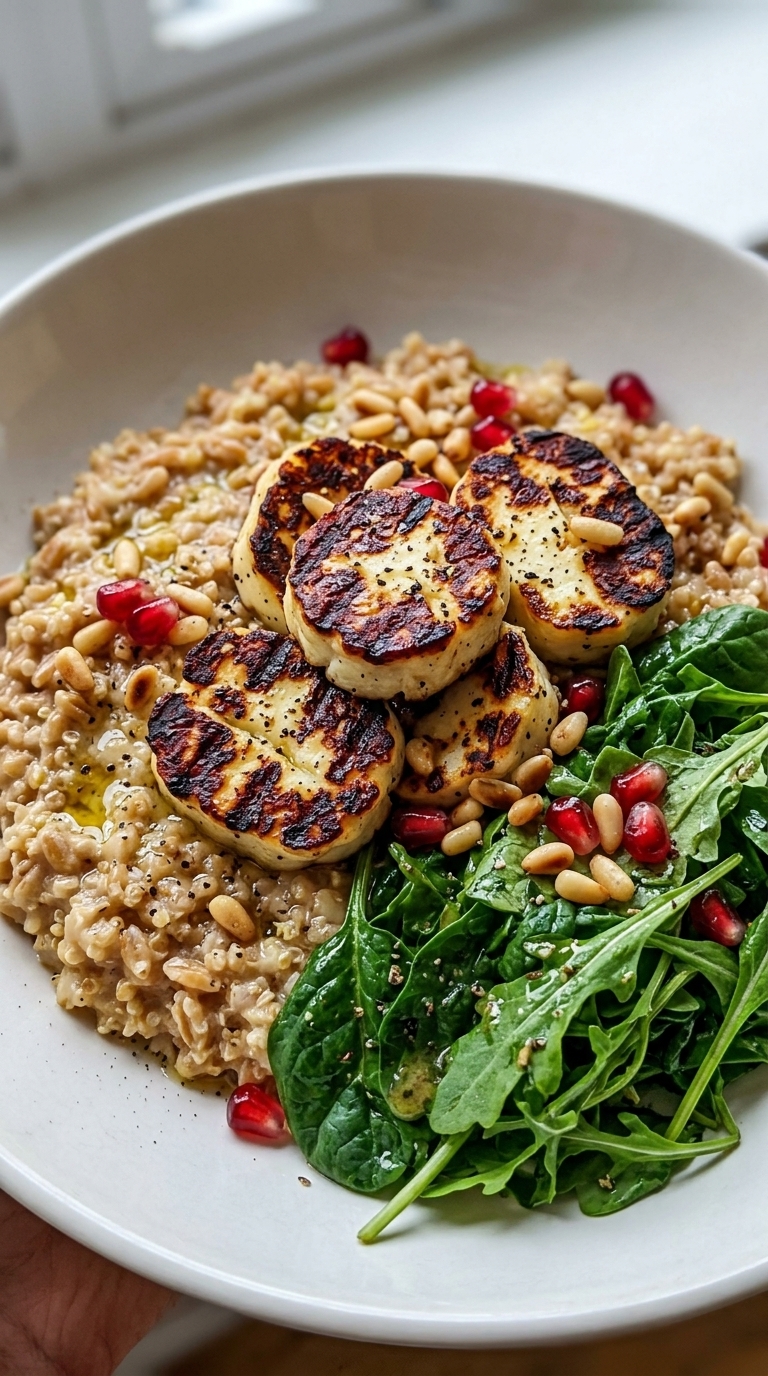 A white bowl filled with farro, grilled halloumi slices, pine nuts, pomegranate seeds, and a side of arugula.
