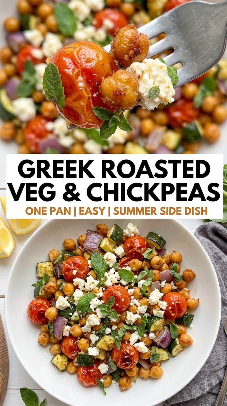 A close-up of a fork holding roasted cherry tomatoes, chickpeas, and feta cheese over a bowl of Greek roasted veg and chickpeas salad.