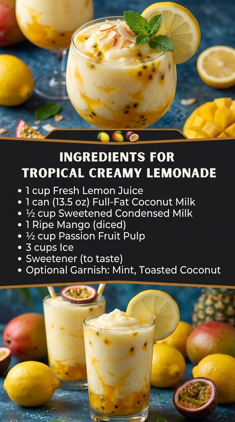 A glass of creamy tropical lemonade topped with mint, lemon slice, and toasted coconut, surrounded by lemons, mango, and passion fruit.