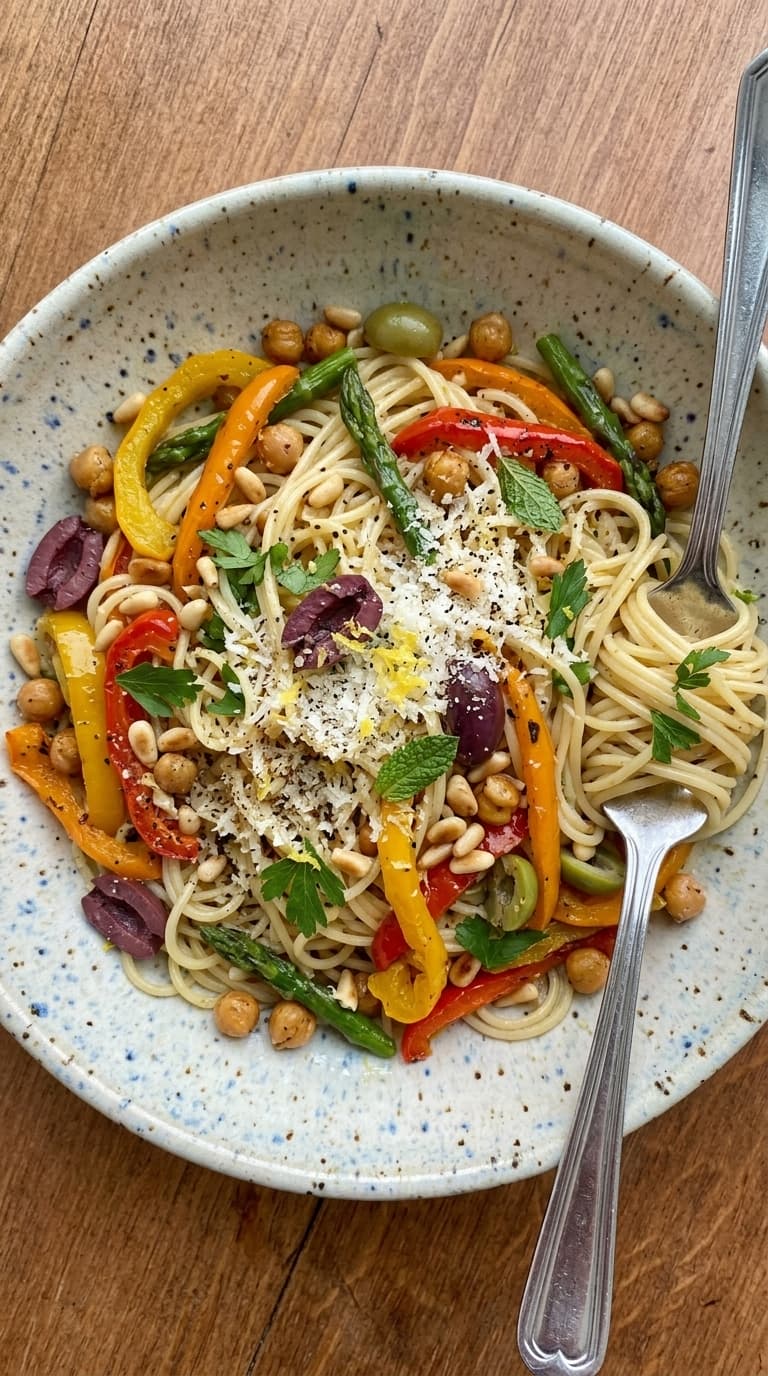 A bowl of pasta summer salad with colorful vegetables, chickpeas, olives, and fresh herbs.
