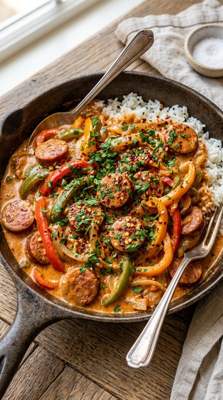 A cast iron skillet filled with creamy sausage and pepper skillet served over rice, garnished with fresh herbs and red pepper flakes.