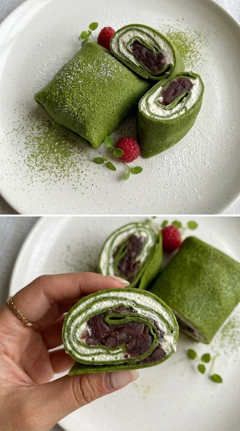 Green crepe rolls with white cream and dark red bean filling, dusted with matcha powder and garnished with raspberries on a white plate.